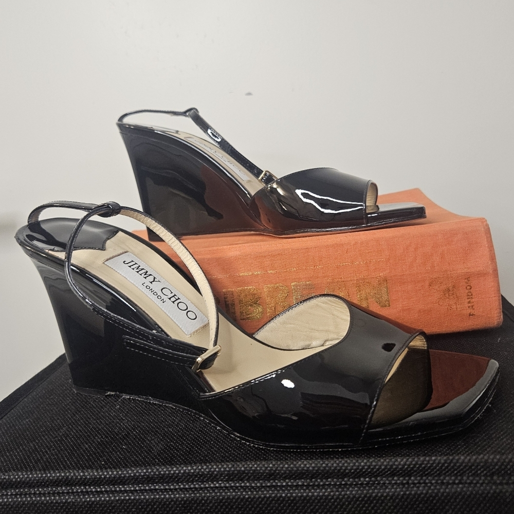 Jimmy Choo Size 38 EU 8US Brien 85 Black Patent Leather Wedge Sandals - Picture 4 of 9